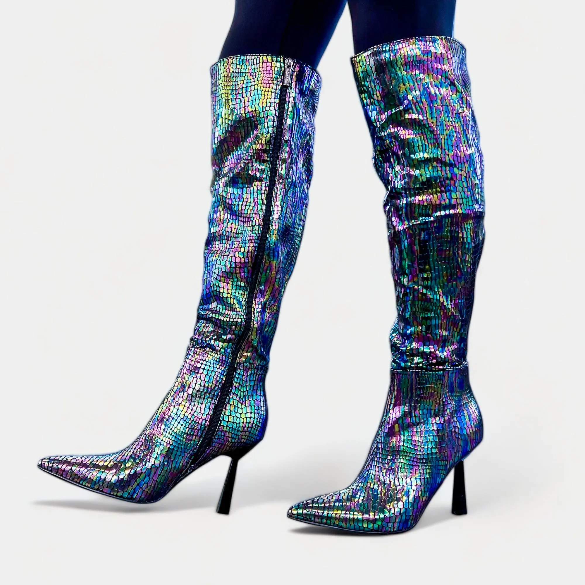 Black Iridescent Knee High Boots