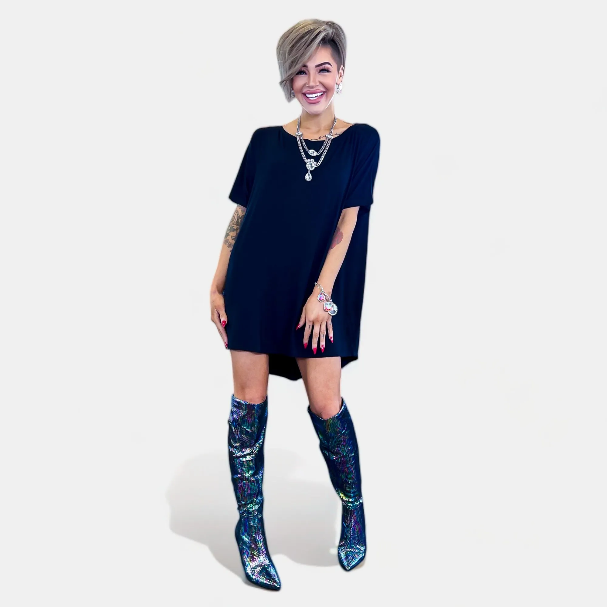 Black Iridescent Knee High Boots