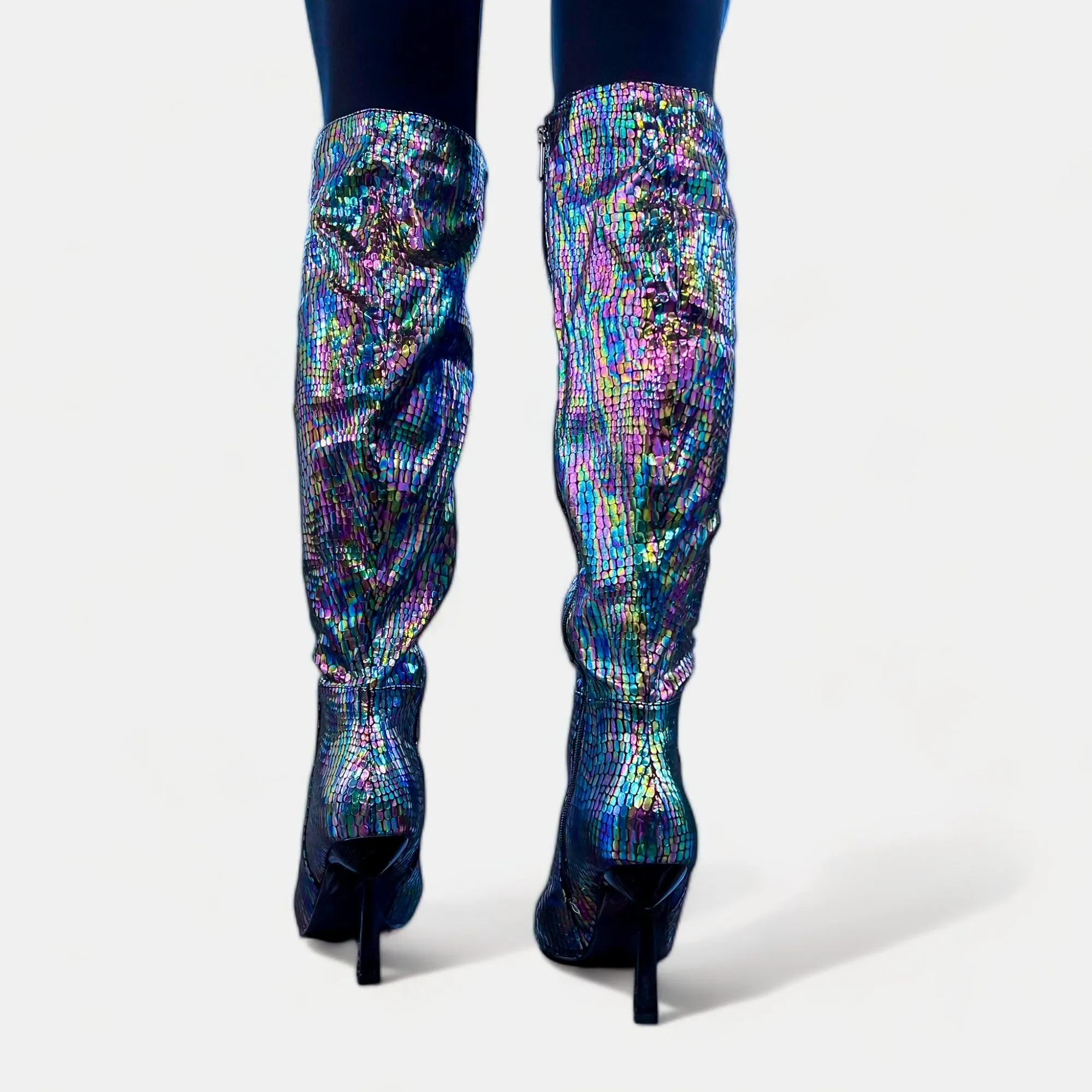 Black Iridescent Knee High Boots