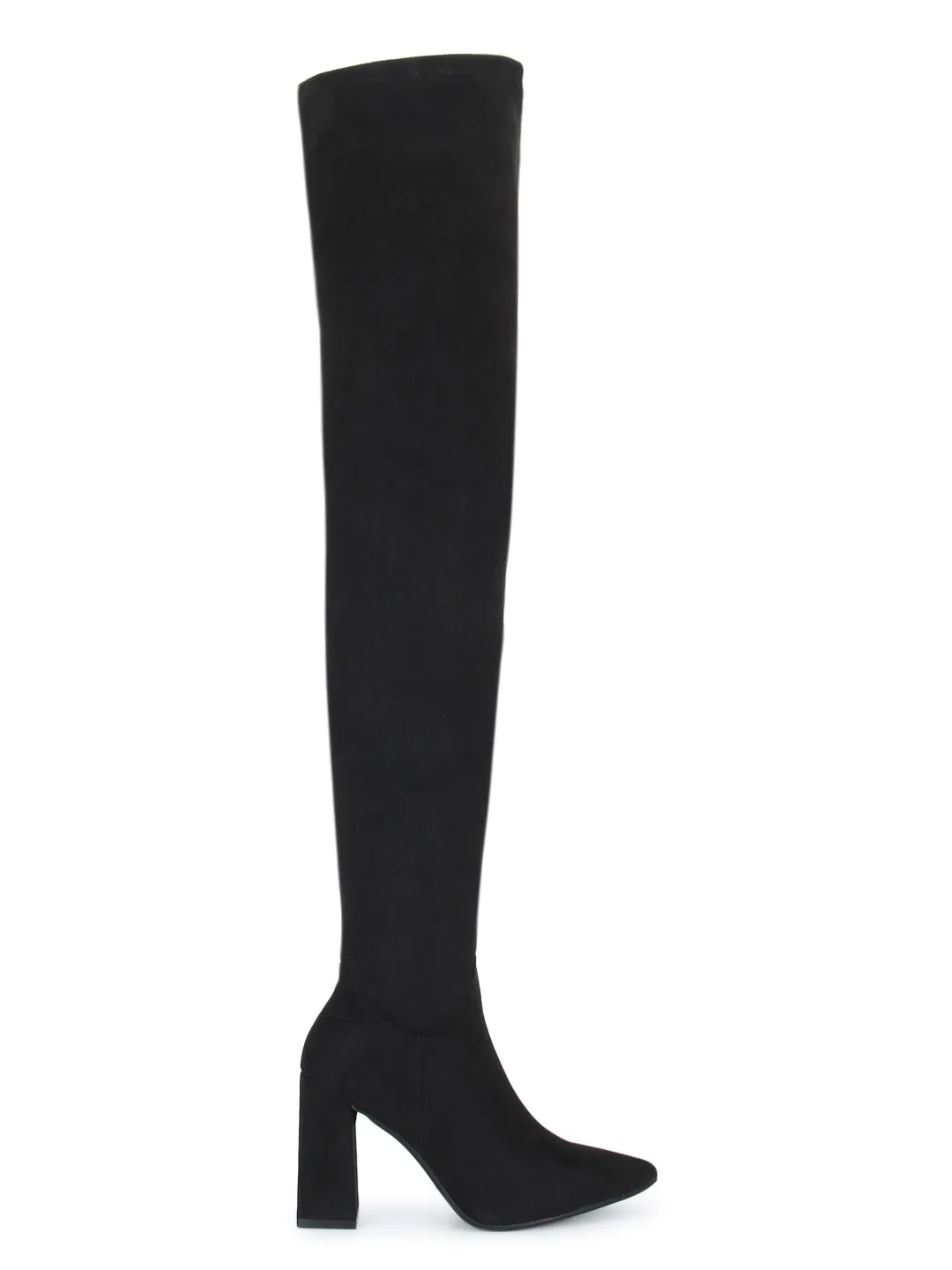 Black Micro Pointed Toe Block Heel Long Boots