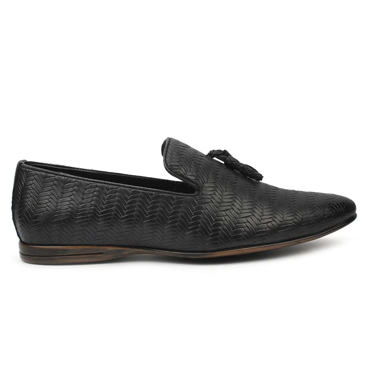 Black Textured Tassel Loafers