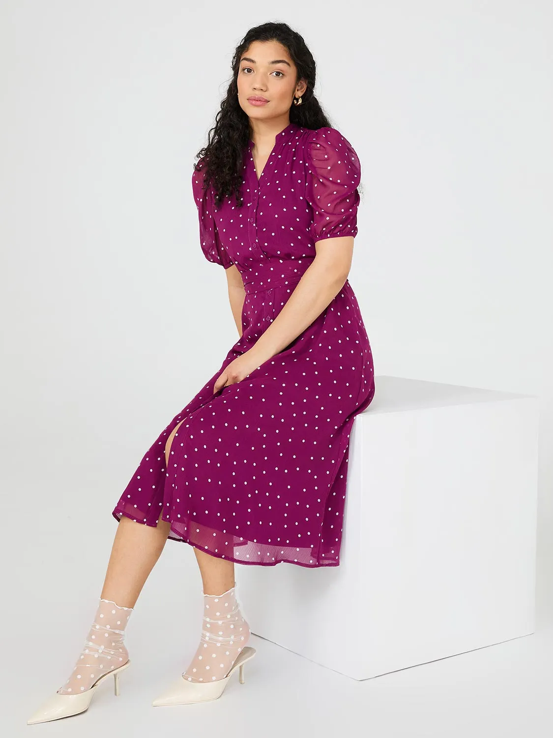 Dot Print Split Neck Dress With Balloon Sleeves