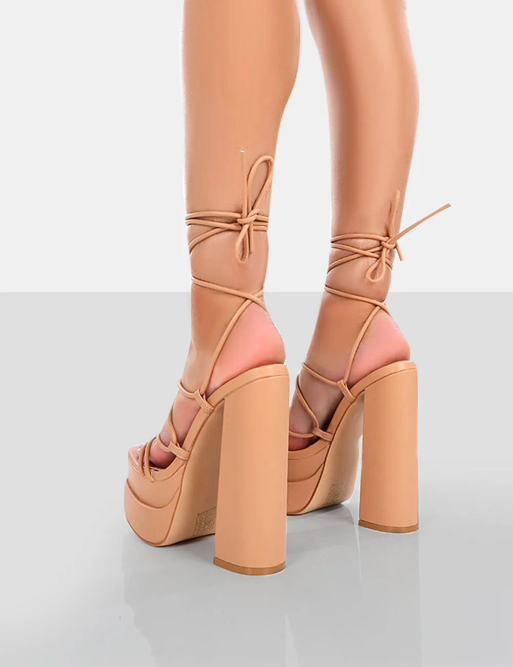 Glow Girl Nude PU Lace Up Platform High Heels