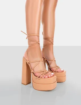 Glow Girl Nude PU Lace Up Platform High Heels